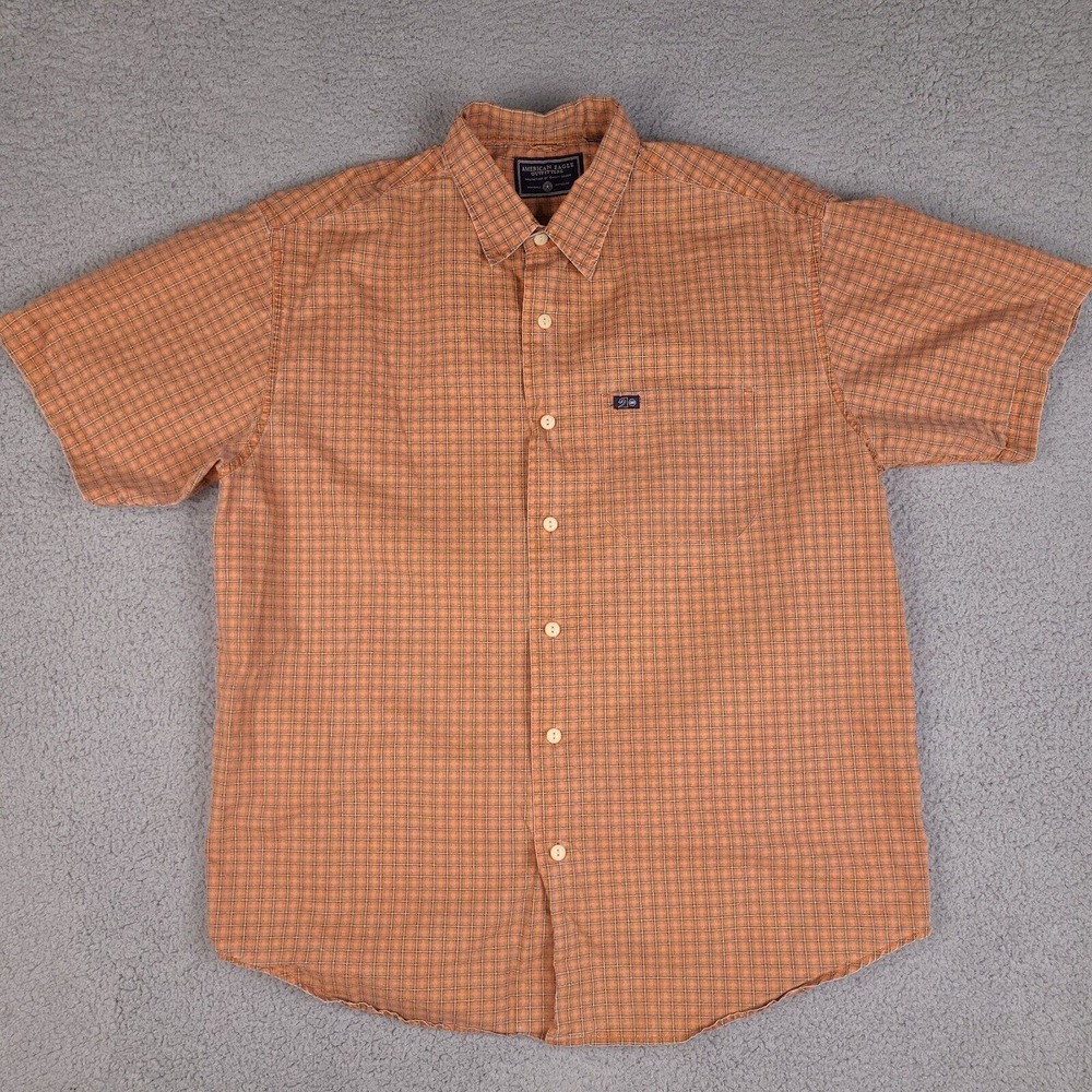 American Eagle Shirt Mens Medium Orange Plaid Button Down Short Sleeve Cotton